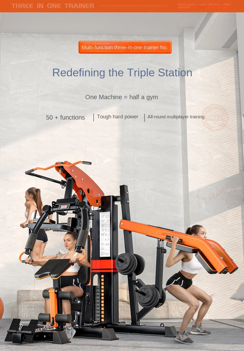 Heavy Duty 3 Station Functional Trainer Power Rack Cable Crossover Squat Rack Gym Machine