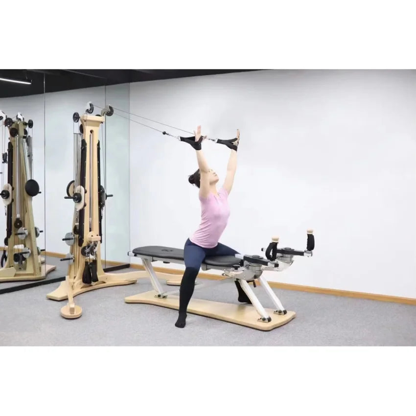 Professional Pilates Reformer Machine with Tower, Wooden Gyrotonic Trainer for Core Strength & Flexibility Training