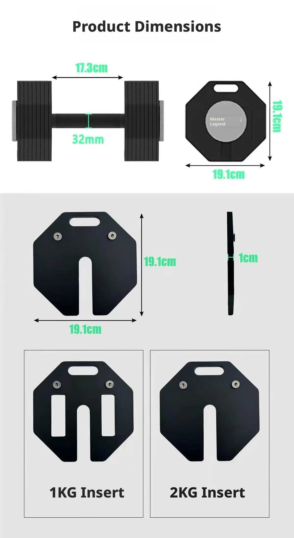 Single octagonal 1kg incrementing all-steel detachable dumbbell, adjustable, space-saving.