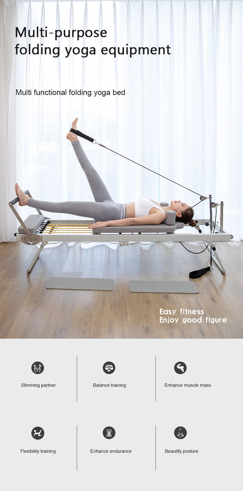 Foldable Pilates Reformer Machine Home Gym Equipment Yoga Bed Resistance Bands Full Body Workout Trainer