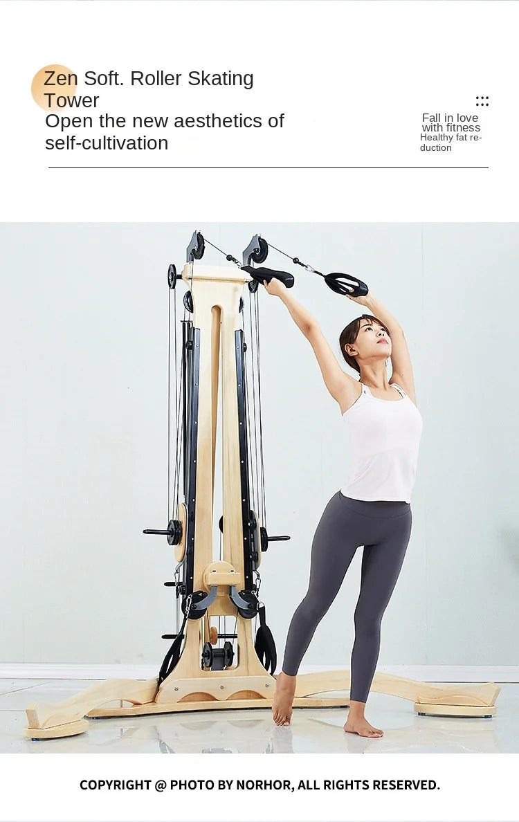 Professional Pilates Reformer Machine with Tower, Wooden Gyrotonic Trainer for Core Strength & Flexibility Training