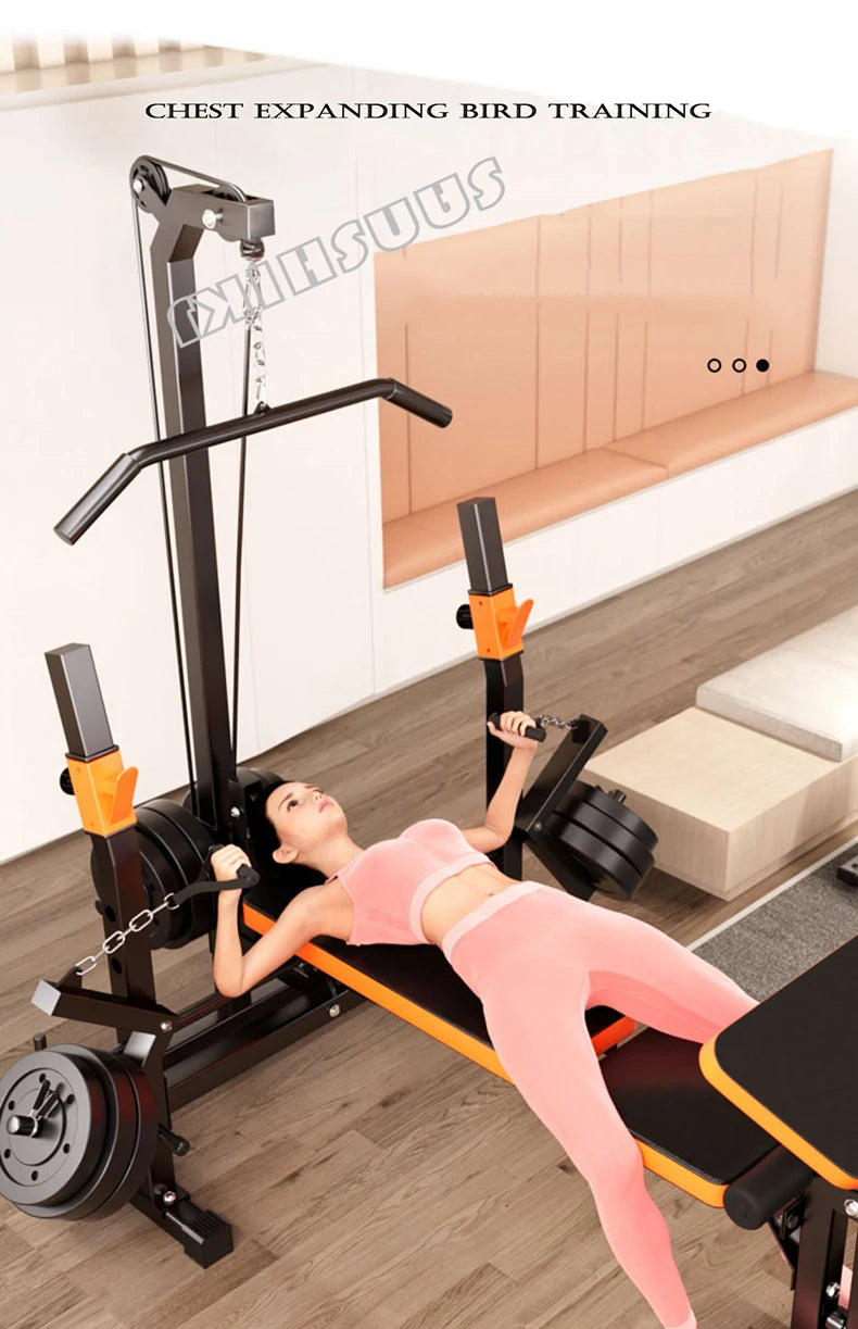 10-in-1 Multifunctional Home Gym Weight Bench Set with Squat Rack Lat Pulldown Preacher Curl Bench Press Station
