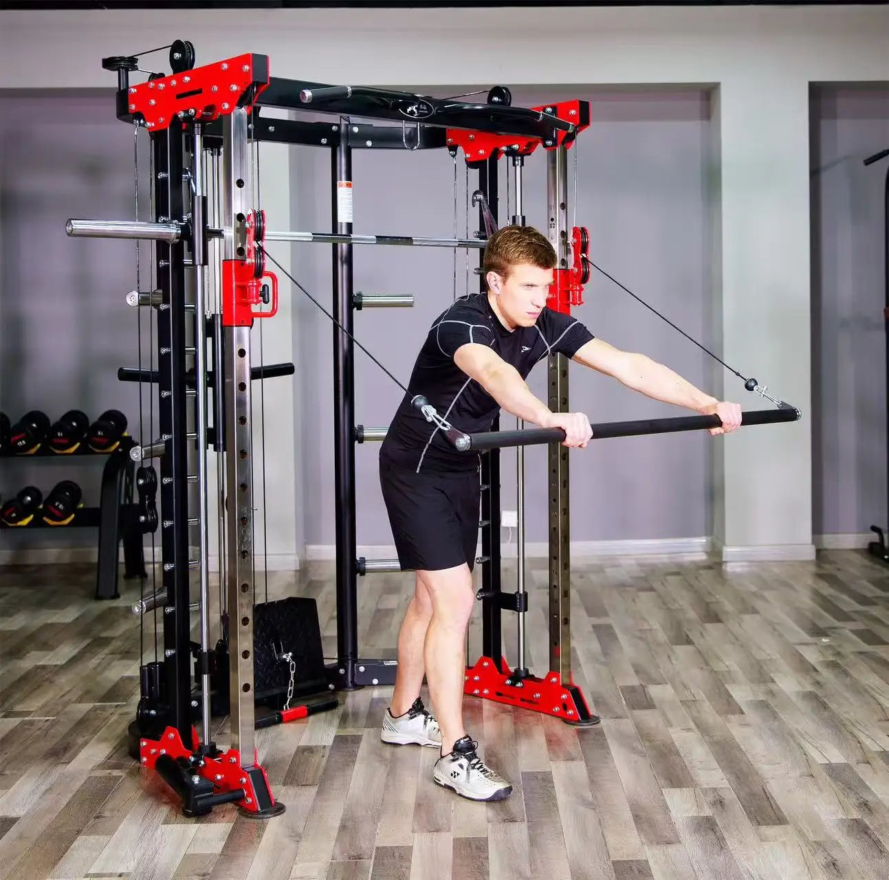 Multifunctional All-in-One Smith Machine Cable Crossover Trainer, Heavy Duty Full Body Strength Training Gym Equipment with Weig