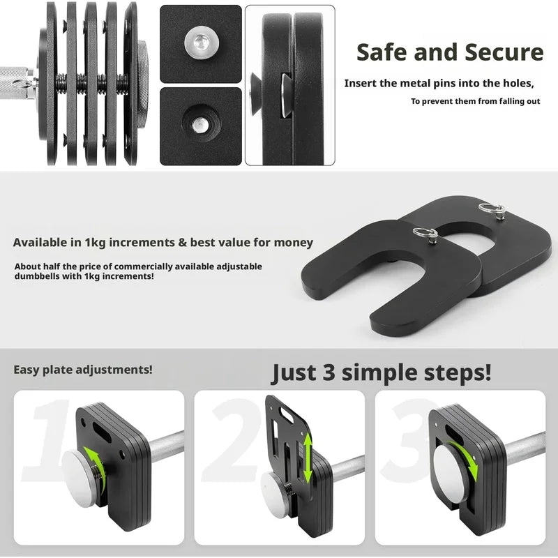 Adjustable square dumbbells, 1kg adjustable quick-lock dumbbells, non-slip handles, home gym strength training equipment.