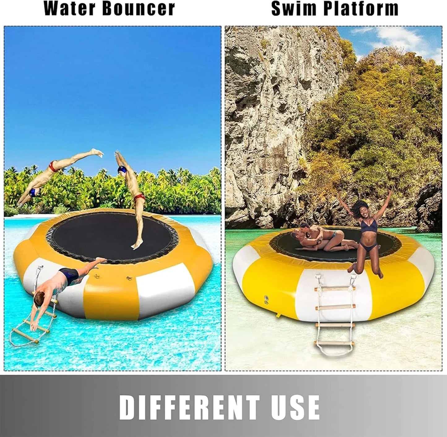 Inflatable Water Trampoline, Large Floating Water Bouncer with Ladder, Outdoor Lake Ocean Water Sport Trampoline for Adults Kids