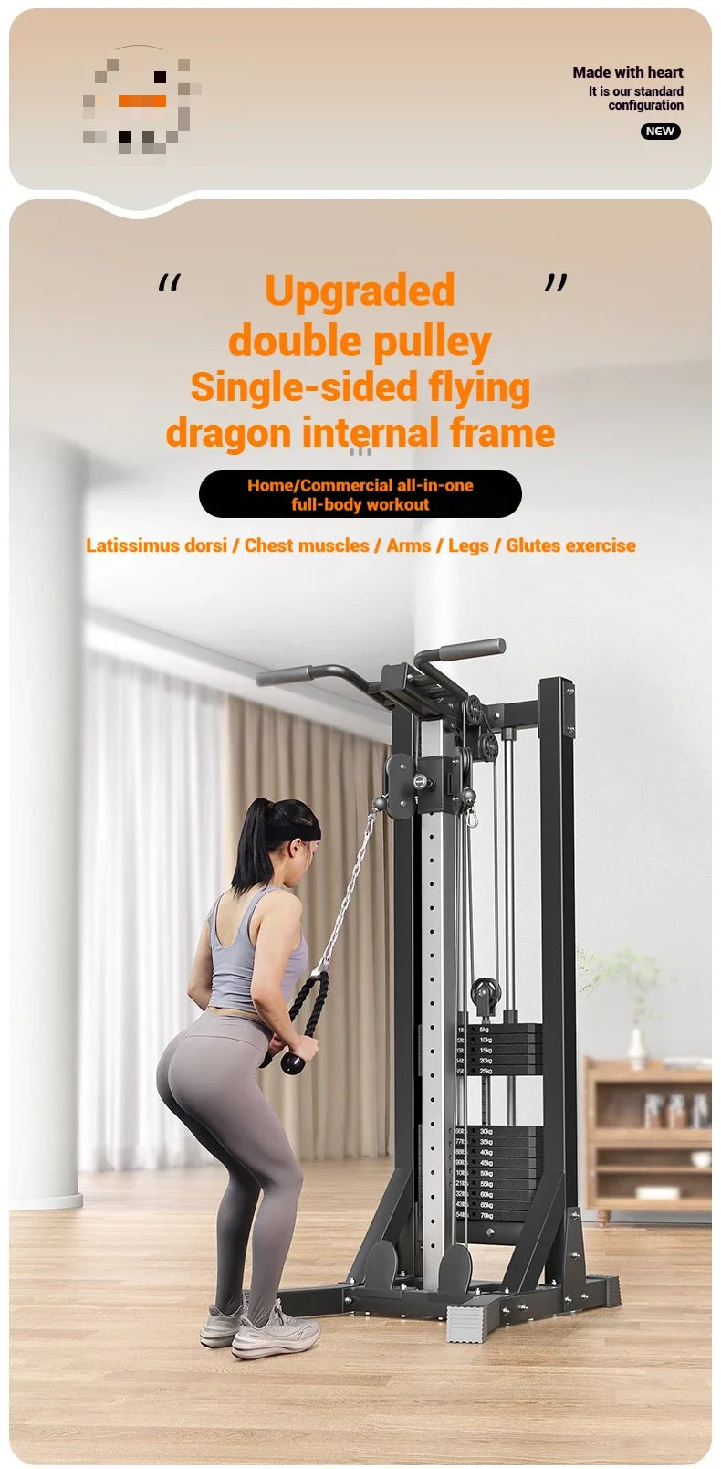 Compact Home Gym Cable Machine with Weight Stack Pull Up Bar Foldable Chest Fly Arm Lat Pulldown Strength Training Equipment