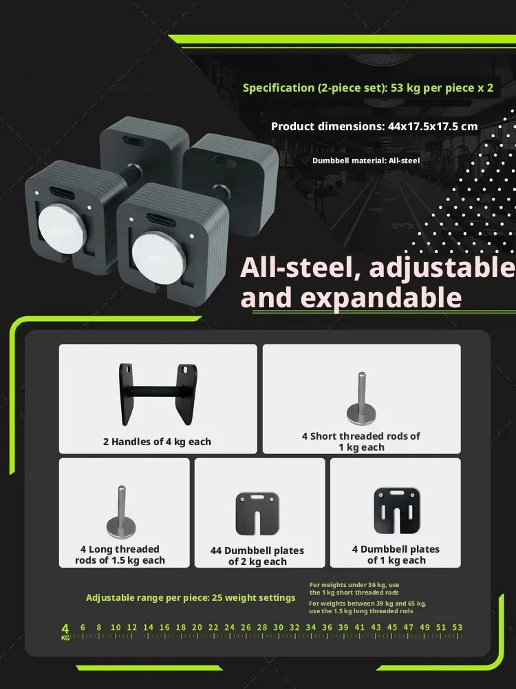 Adjustable square dumbbells, 1kg adjustable quick-lock dumbbells, non-slip handles, home gym strength training equipment.