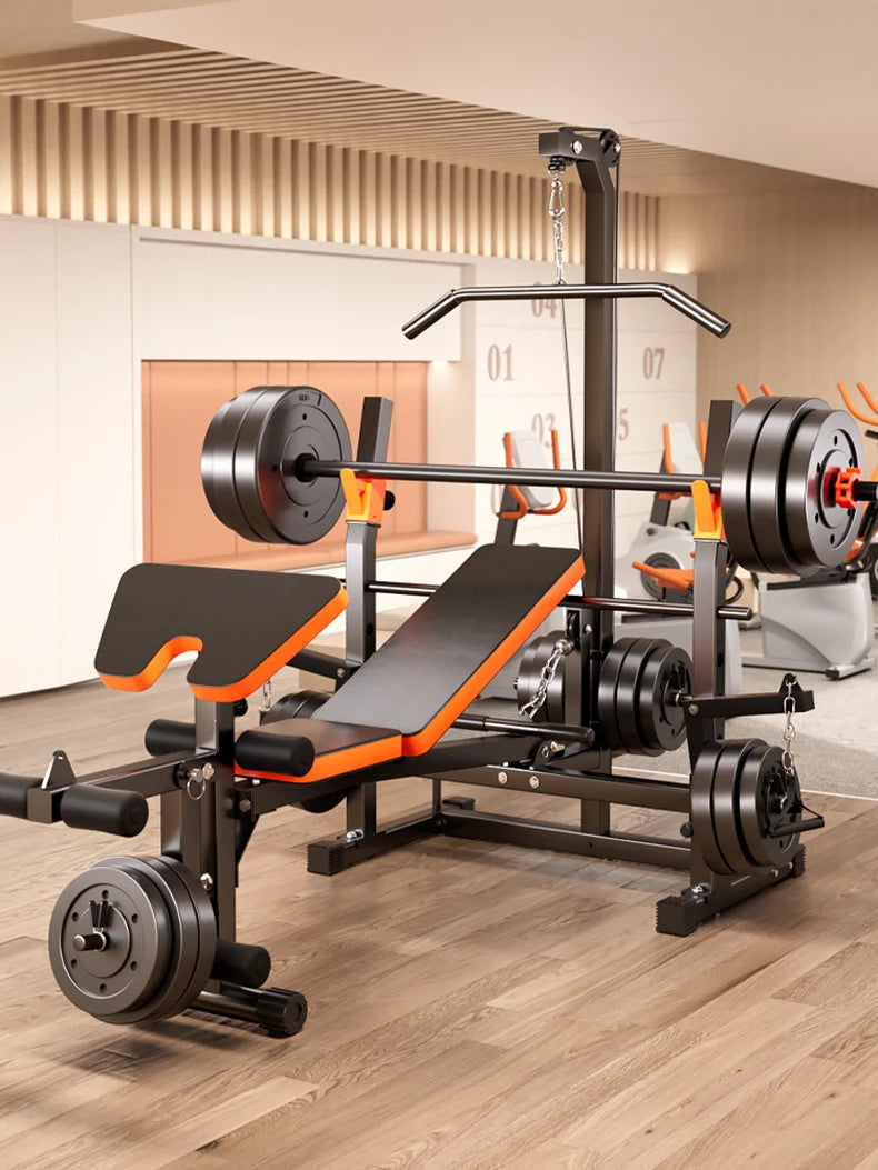 10-in-1 Multifunctional Home Gym Weight Bench Set with Squat Rack Lat Pulldown Preacher Curl Bench Press Station