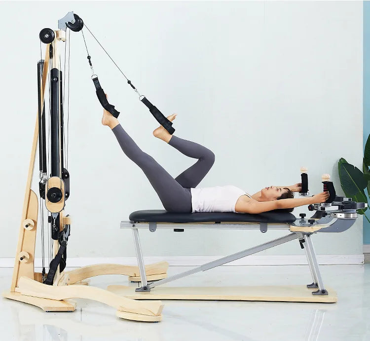 Professional Pilates Reformer Machine with Tower, Wooden Gyrotonic Trainer for Core Strength & Flexibility Training