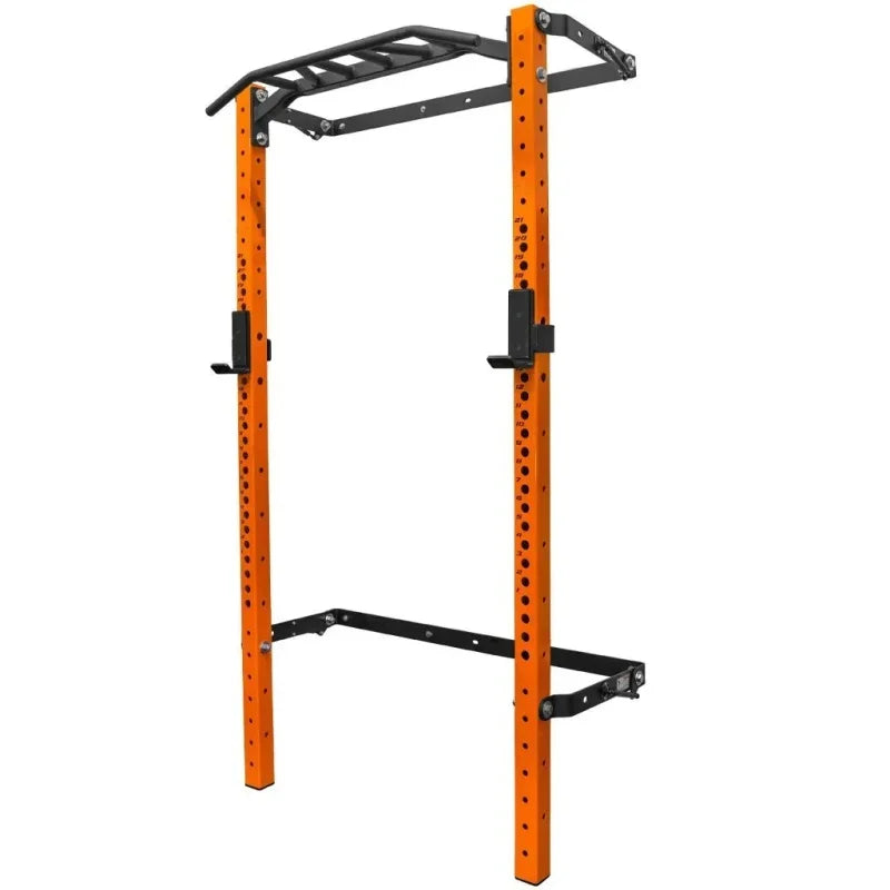 Foldable Wall Mounted Squat Rack with Pull Up Bar, Adjustable Steel Home Gym Power Rack Space Saving Weight Lifting Station