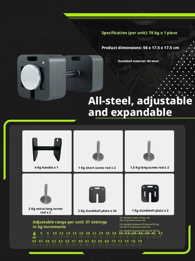 Adjustable square dumbbells, 1kg adjustable quick-lock dumbbells, non-slip handles, home gym strength training equipment.