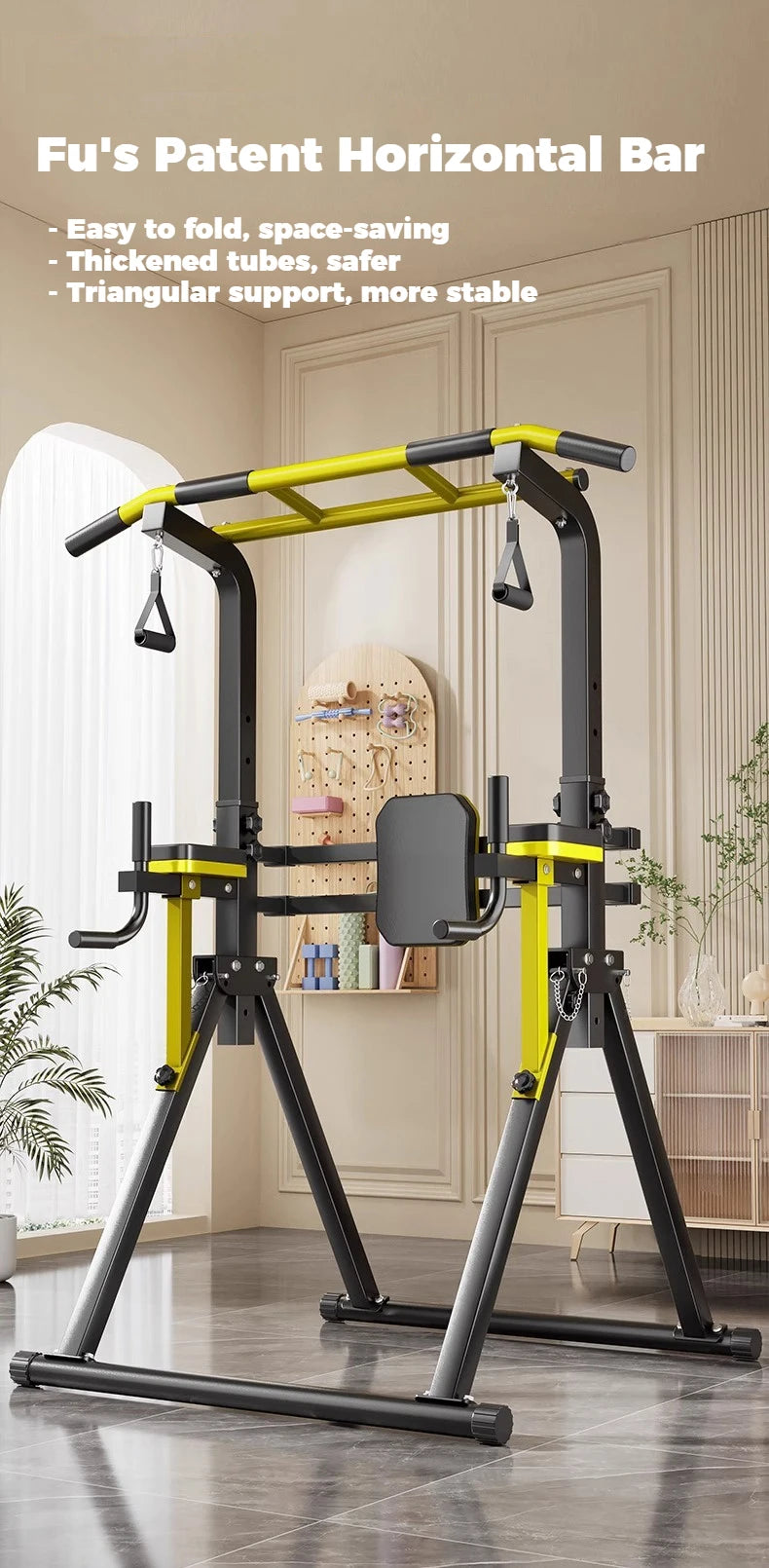 Foldable Free Standing Pull Up Bar Station, Multi-Function Home Gym Dip Station, Adjustable Height Chin Up Bar for Adults Kids