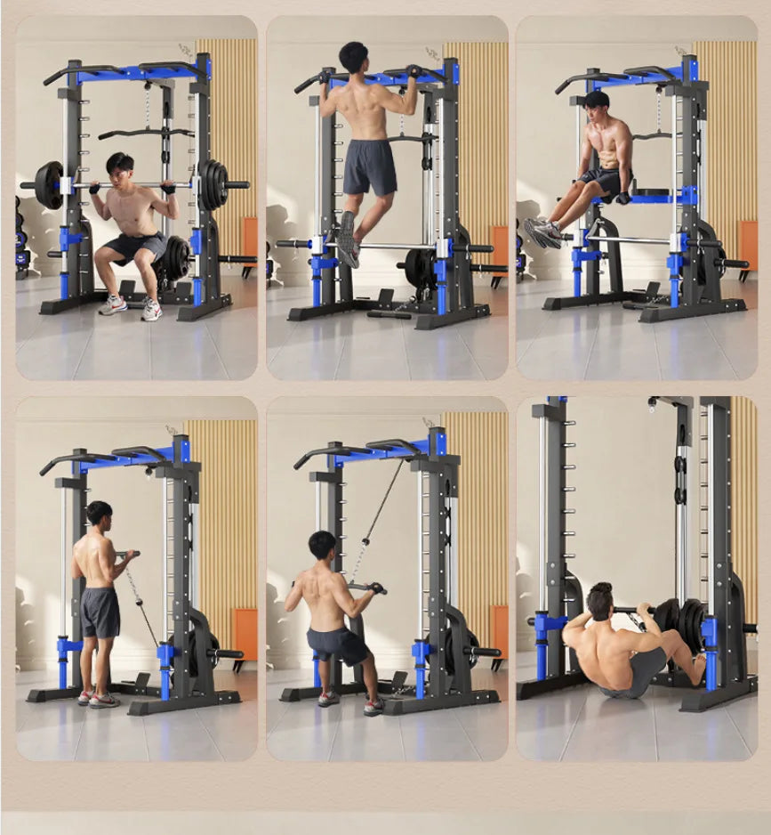 Multi-Function Smith Machine with Cable Crossover, Home Gym Power Rack with Pull-Up Bar & Lat Pulldown, Total Muscle Training St