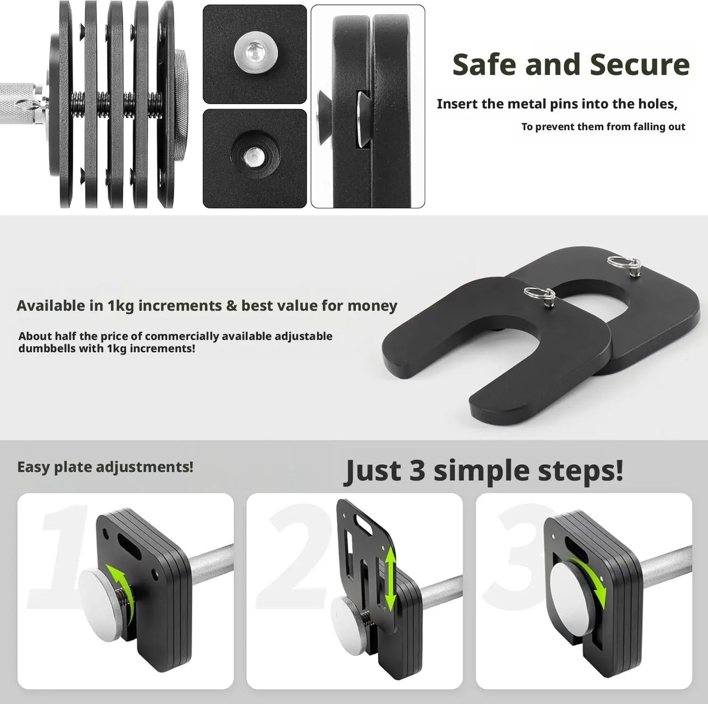 Adjustable square dumbbells, 1kg adjustable quick-lock dumbbells, non-slip handles, home gym strength training equipment.