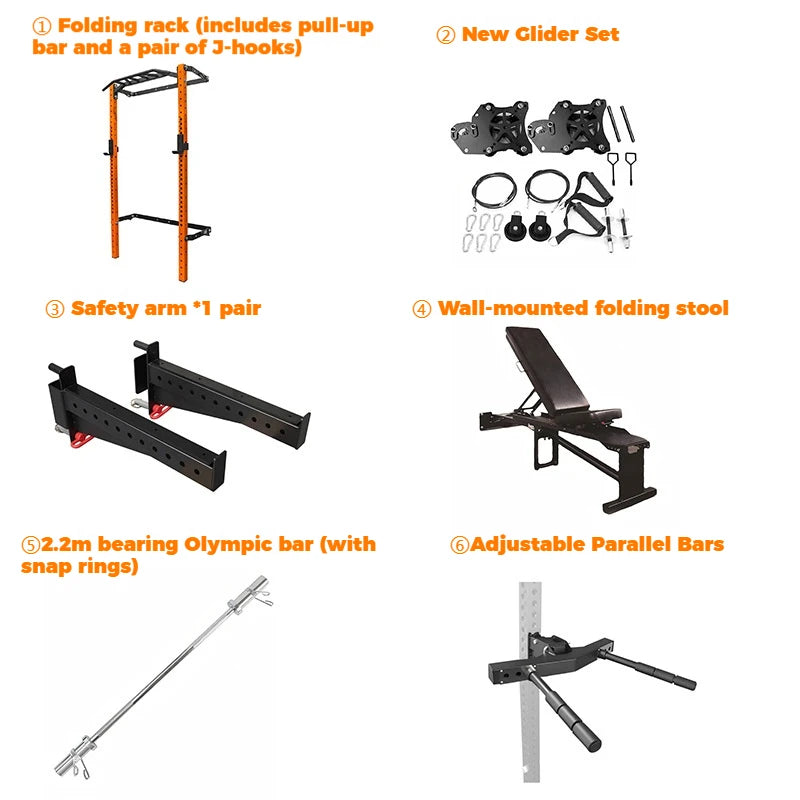 Foldable Wall Mounted Squat Rack with Pull Up Bar, Adjustable Steel Home Gym Power Rack Space Saving Weight Lifting Station