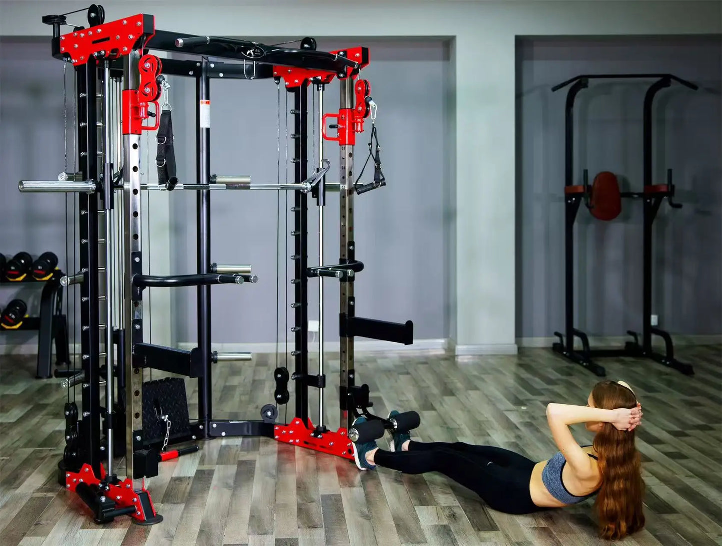 Multifunctional All-in-One Smith Machine Cable Crossover Trainer, Heavy Duty Full Body Strength Training Gym Equipment with Weig