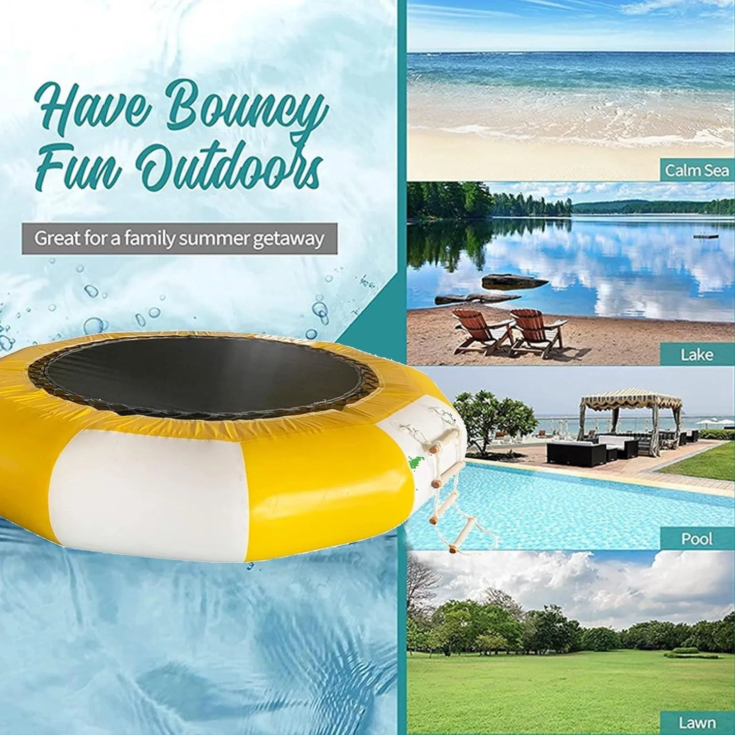 Inflatable Water Trampoline, Large Floating Water Bouncer with Ladder, Outdoor Lake Ocean Water Sport Trampoline for Adults Kids