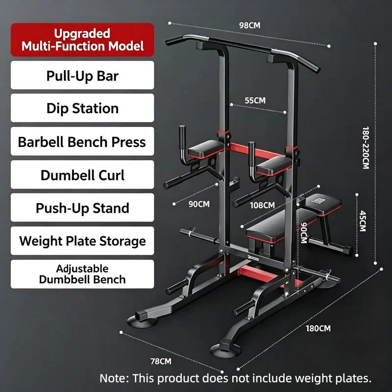 All-in-One Home Gym Power Tower with Weight Bench, Dip Bars & Pull Up Bar for Push-ups, Dips, Pull-ups, Leg Raises