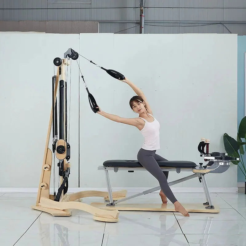 Wooden Pilates Reformer with Tower Gym Equipment for Yoga Studio Home Core Training Fitness Machine