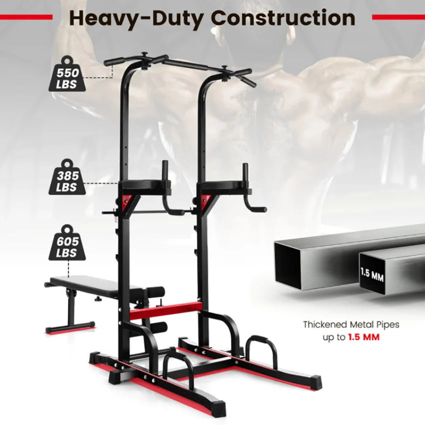 All-in-One Home Gym Power Tower with Weight Bench, Dip Bars & Pull Up Bar for Push-ups, Dips, Pull-ups, Leg Raises