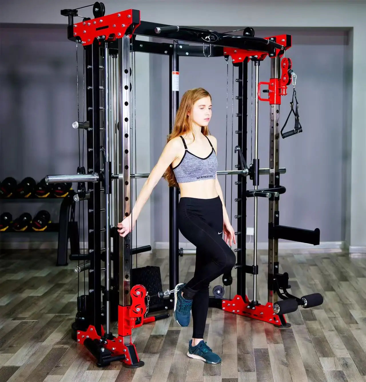 Multifunctional All-in-One Smith Machine Cable Crossover Trainer, Heavy Duty Full Body Strength Training Gym Equipment with Weig