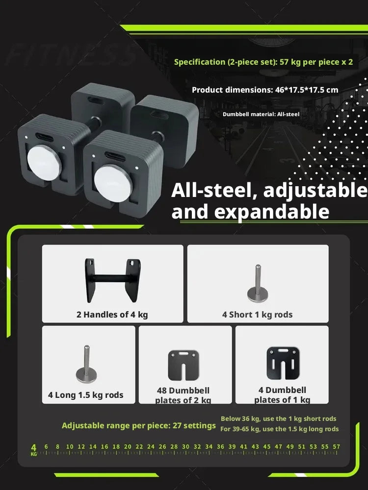 Home fitness equipment with adjustable and detachable quadrilateral dumbbell plates, made of pure steel.