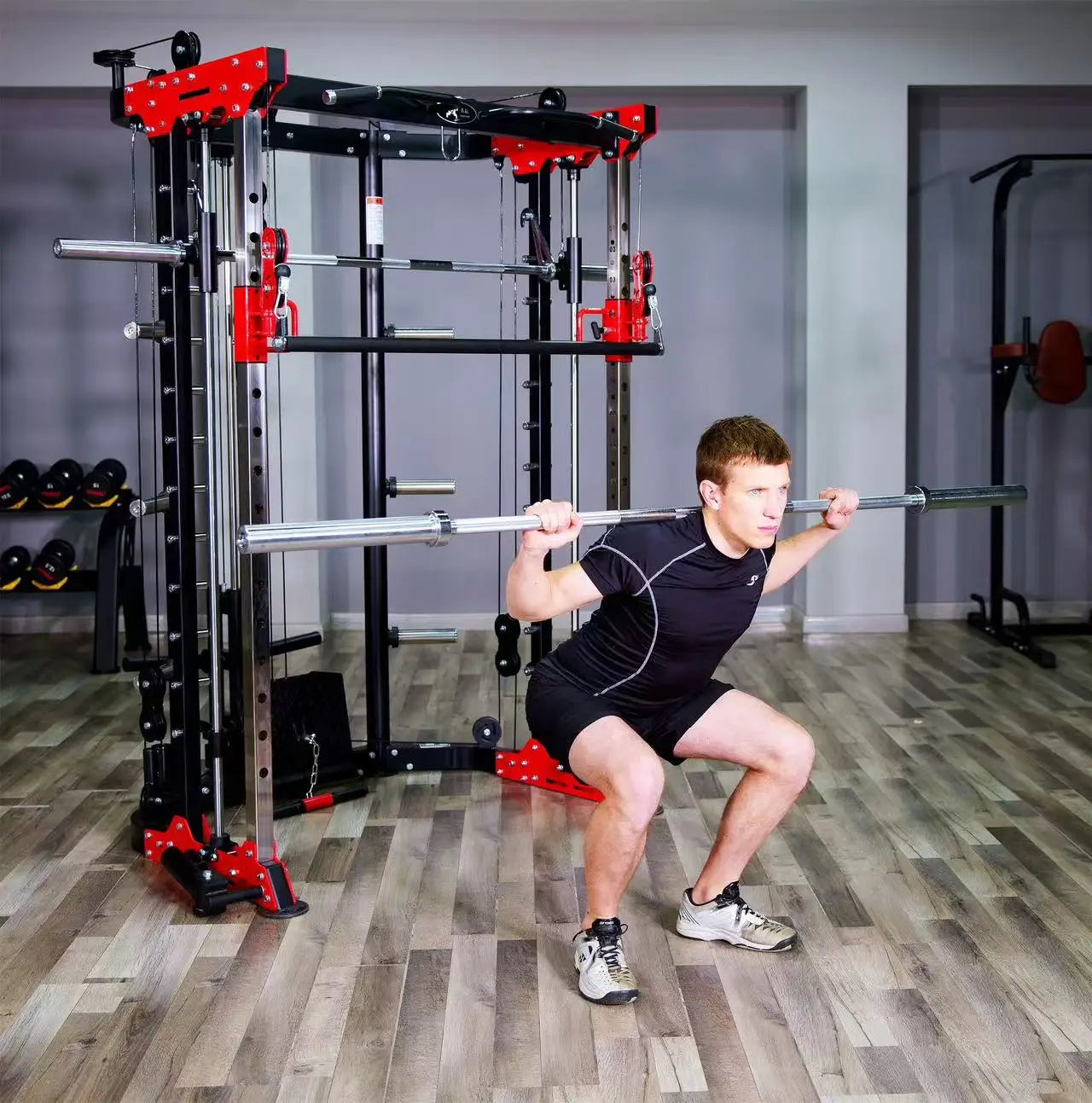 Multifunctional All-in-One Smith Machine Cable Crossover Trainer, Heavy Duty Full Body Strength Training Gym Equipment with Weig