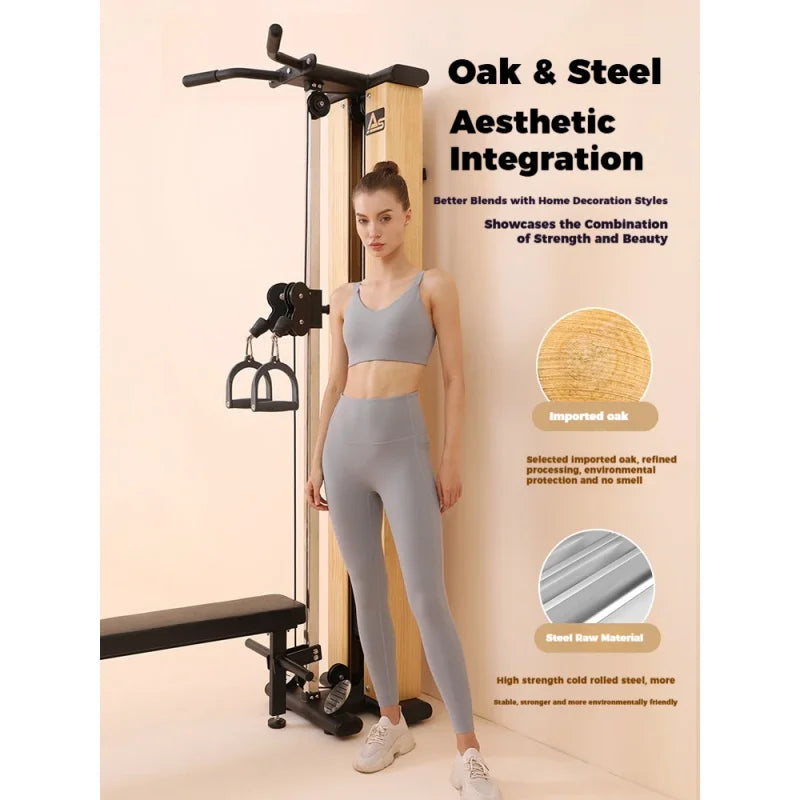 Wall Mounted Cable Pulley Machine with Pull Up Bar, Lat Pulldown Bench, Home Gym Strength Training Equipment