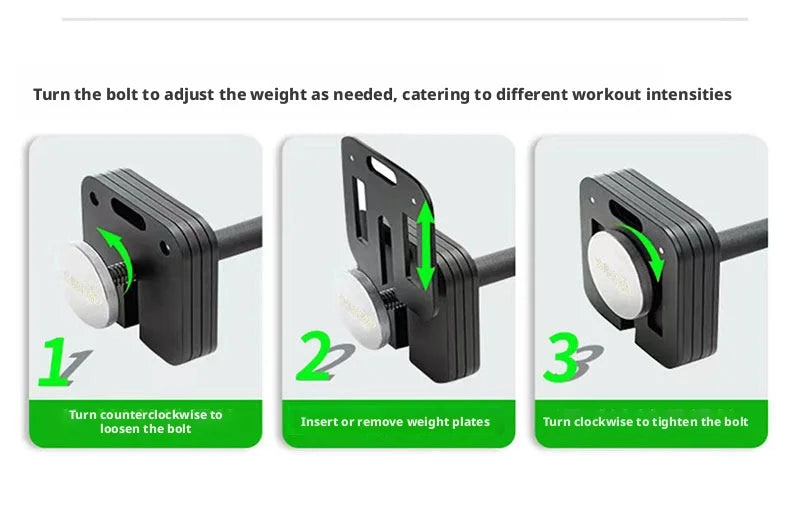 Home fitness equipment with adjustable and detachable quadrilateral dumbbell plates, made of pure steel.