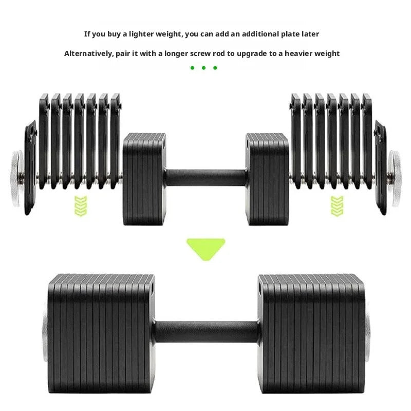 Home fitness equipment with adjustable and detachable quadrilateral dumbbell plates, made of pure steel.