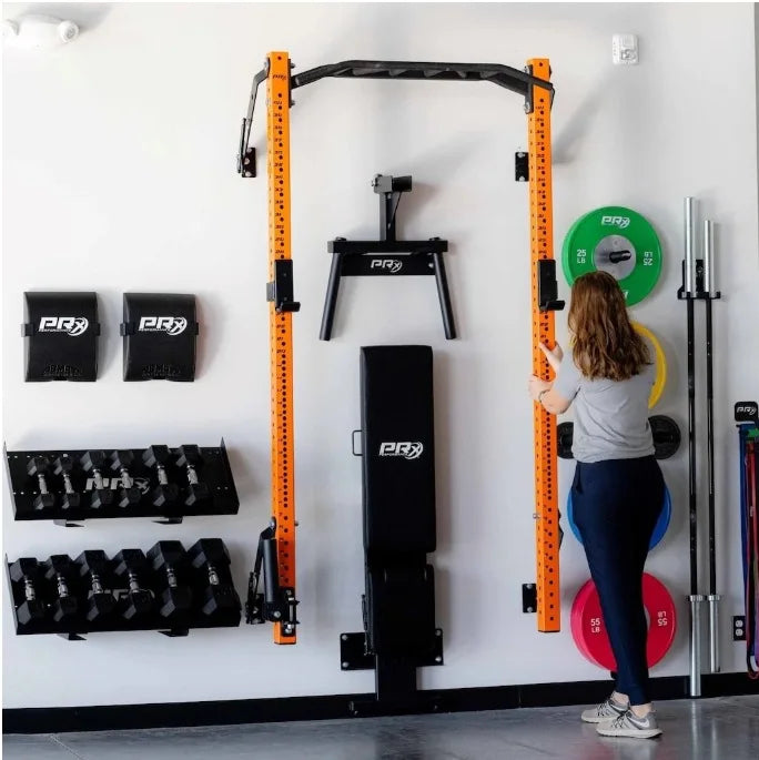 Foldable Wall Mounted Squat Rack with Pull Up Bar, Adjustable Steel Home Gym Power Rack Space Saving Weight Lifting Station