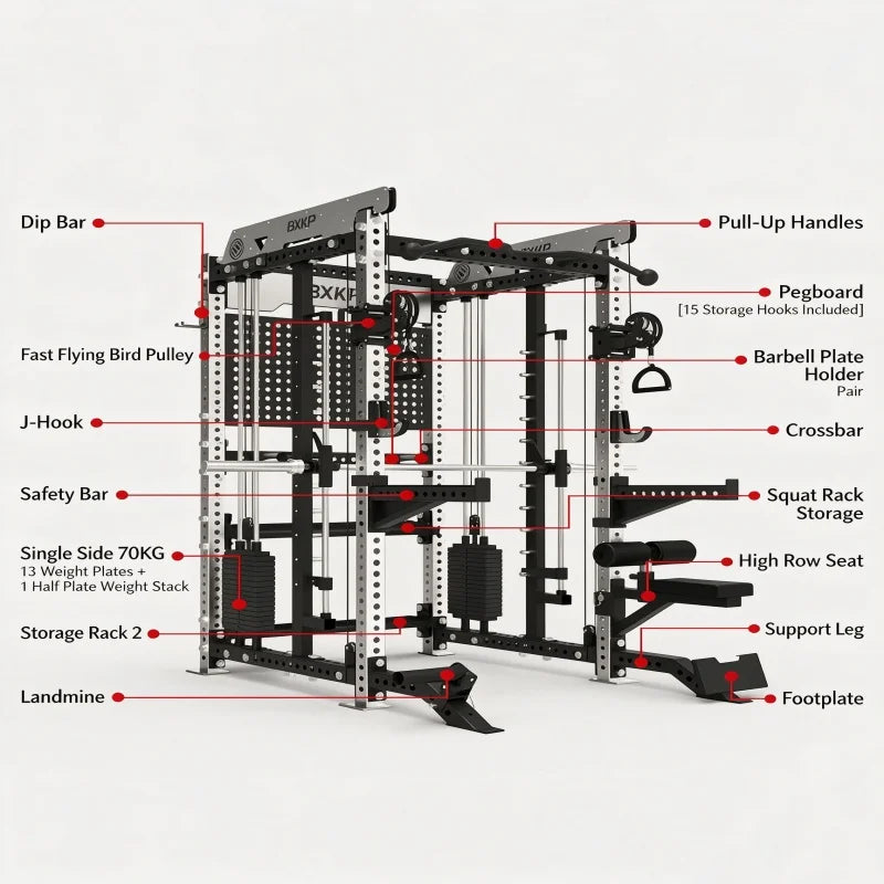 Pin Loaded Smith Machine Multi Function Squat Rack Commercial Home Gym Strength Training Equipment with Cable System & Pec Fly