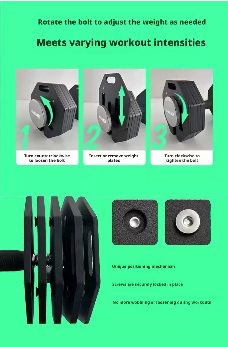 Single octagonal 1kg incrementing all-steel detachable dumbbell, adjustable, space-saving.
