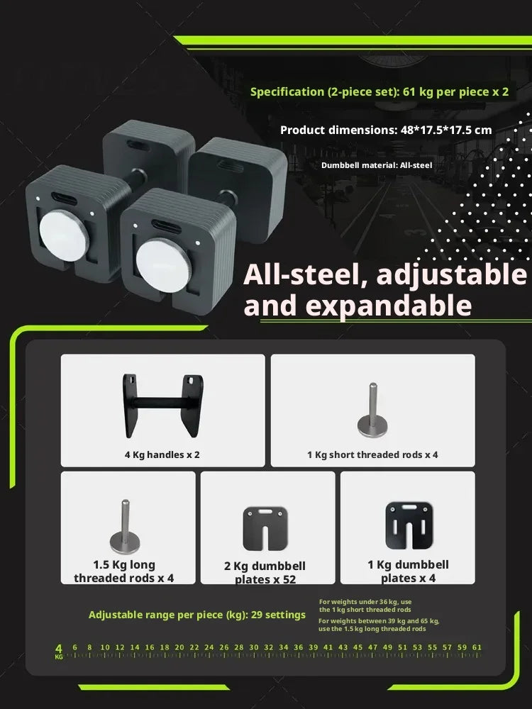 Adjustable square dumbbells, 1kg adjustable quick-lock dumbbells, non-slip handles, home gym strength training equipment.