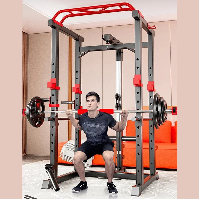 Multi-Functional Power Cage Squat Rack with Cable Pulley System, Heavy Duty Home Gym Full Cage with Lat Pulldown, Dip Bars & Pul