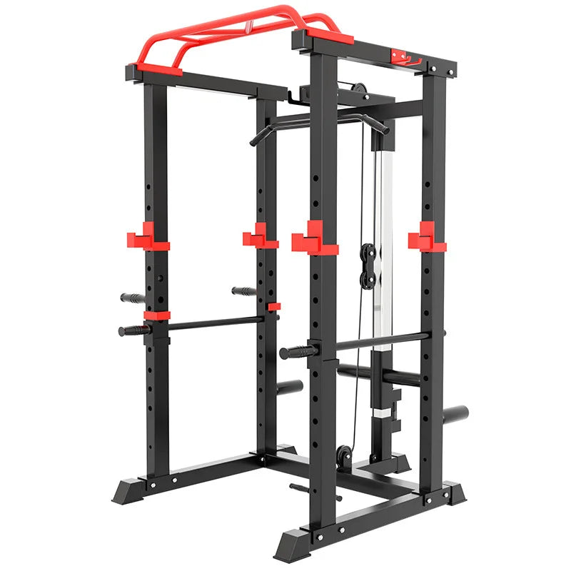 Multi-Functional Power Cage Squat Rack with Cable Pulley System, Heavy Duty Home Gym Full Cage with Lat Pulldown, Dip Bars & Pul
