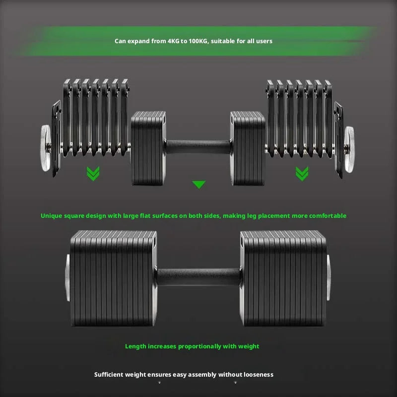 Home fitness equipment with adjustable and detachable quadrilateral dumbbell plates, made of pure steel.