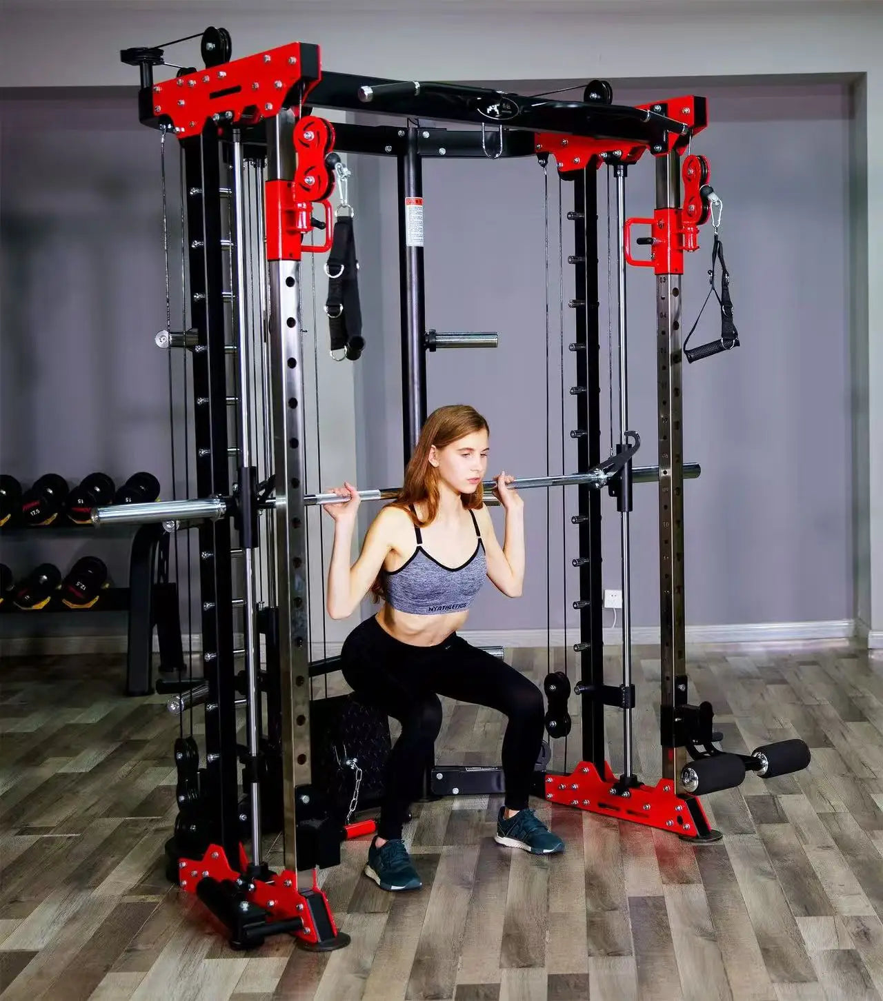 Multifunctional All-in-One Smith Machine Cable Crossover Trainer, Heavy Duty Full Body Strength Training Gym Equipment with Weig