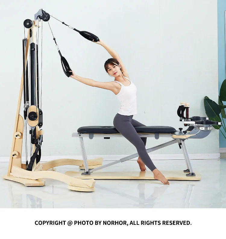 Professional Pilates Reformer Machine with Tower, Wooden Gyrotonic Trainer for Core Strength & Flexibility Training