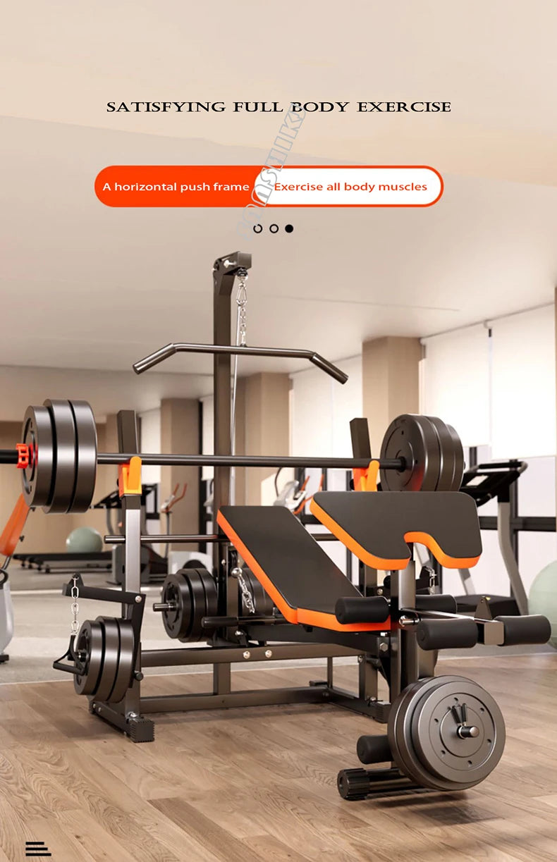 10-in-1 Multifunctional Home Gym Weight Bench Set with Squat Rack Lat Pulldown Preacher Curl Bench Press Station