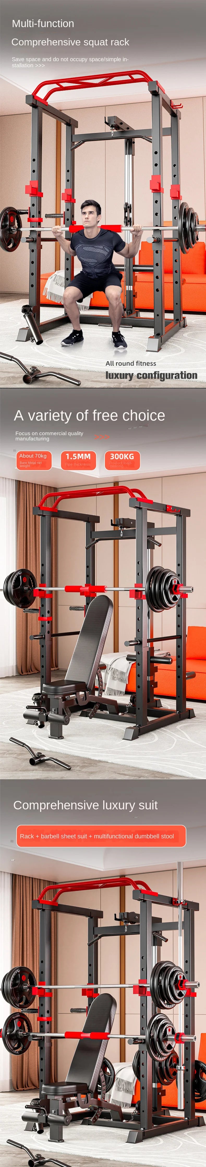 Multi-Functional Power Cage Squat Rack with Cable Pulley System, Heavy Duty Home Gym Full Cage with Lat Pulldown, Dip Bars & Pul