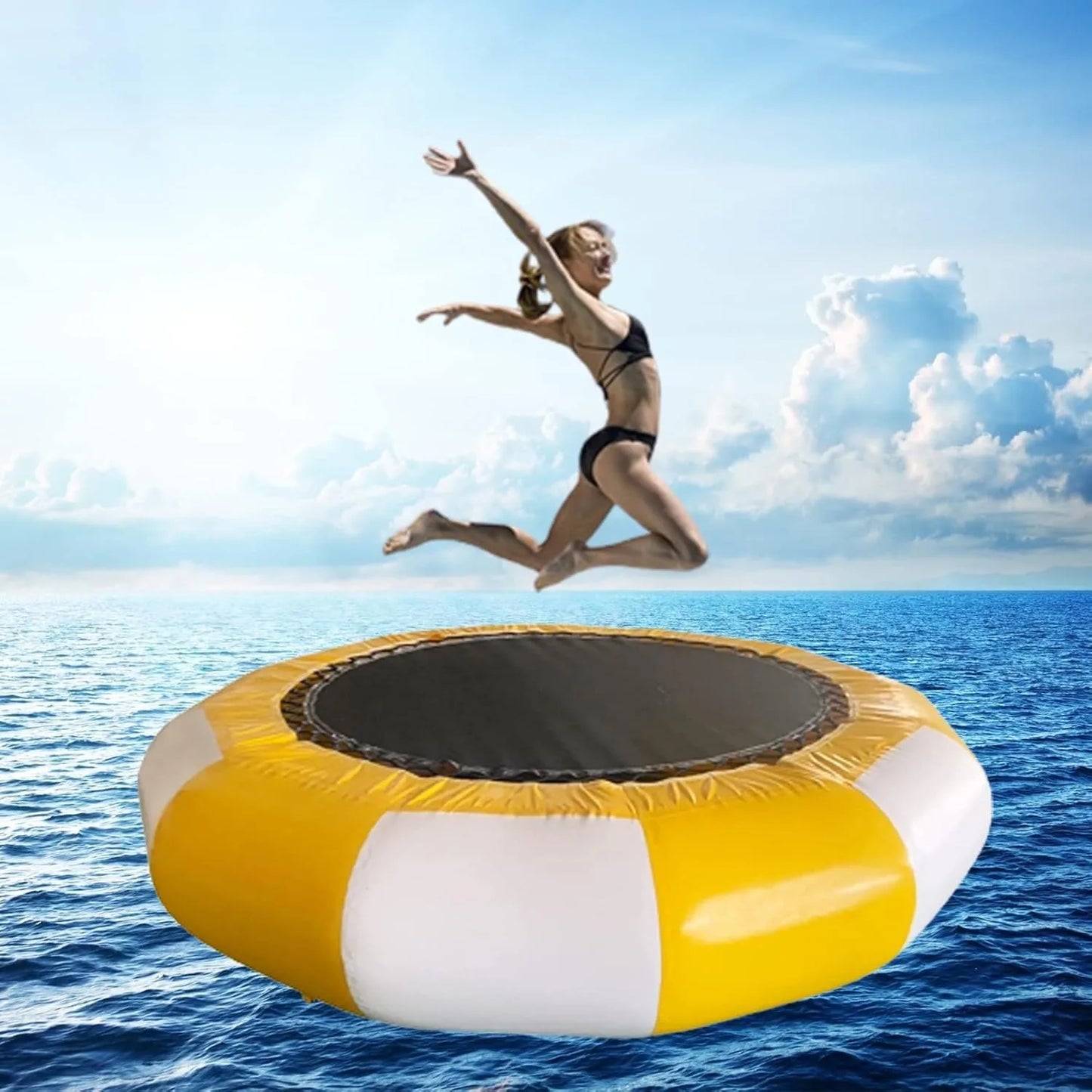 Inflatable Water Trampoline, Large Floating Water Bouncer with Ladder, Outdoor Lake Ocean Water Sport Trampoline for Adults Kids