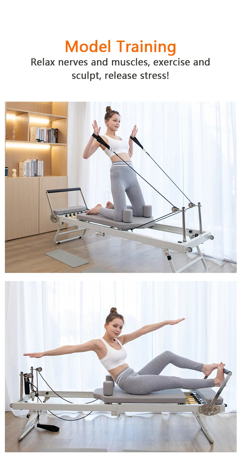 Foldable Pilates Reformer Machine Home Gym Yoga Bed with Adjustable Springs Resistance Bands Core Training Equipment