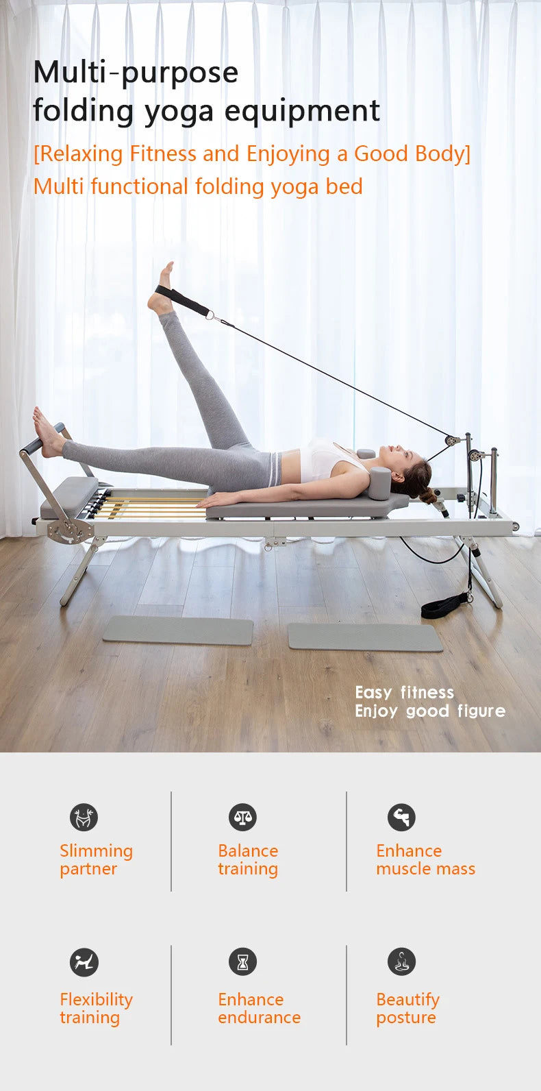 Foldable Pilates Reformer Machine Home Gym Yoga Bed with Adjustable Springs Resistance Bands Core Training Equipment