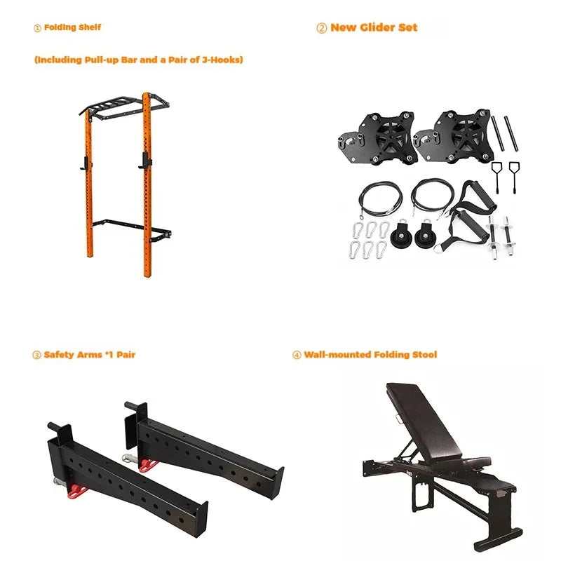 Foldable Wall Mounted Squat Rack with Pull Up Bar, Adjustable Steel Home Gym Power Rack Space Saving Weight Lifting Station
