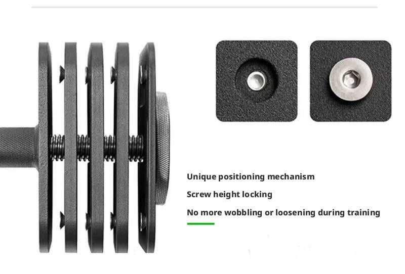 Home fitness equipment with adjustable and detachable quadrilateral dumbbell plates, made of pure steel.