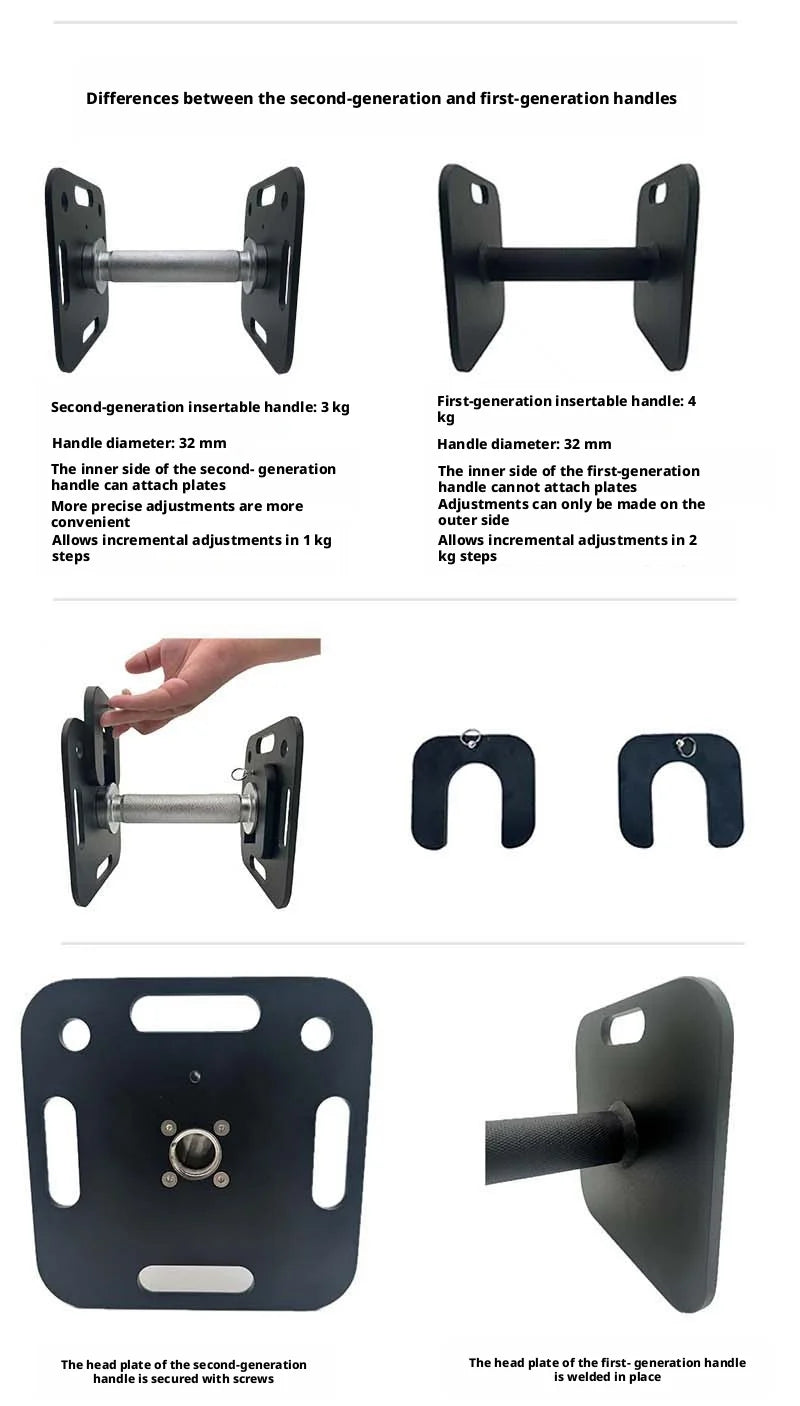 Home fitness equipment with adjustable and detachable quadrilateral dumbbell plates, made of pure steel.