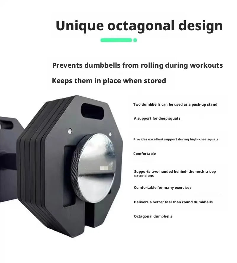 Single octagonal 1kg incrementing all-steel detachable dumbbell, adjustable, space-saving.
