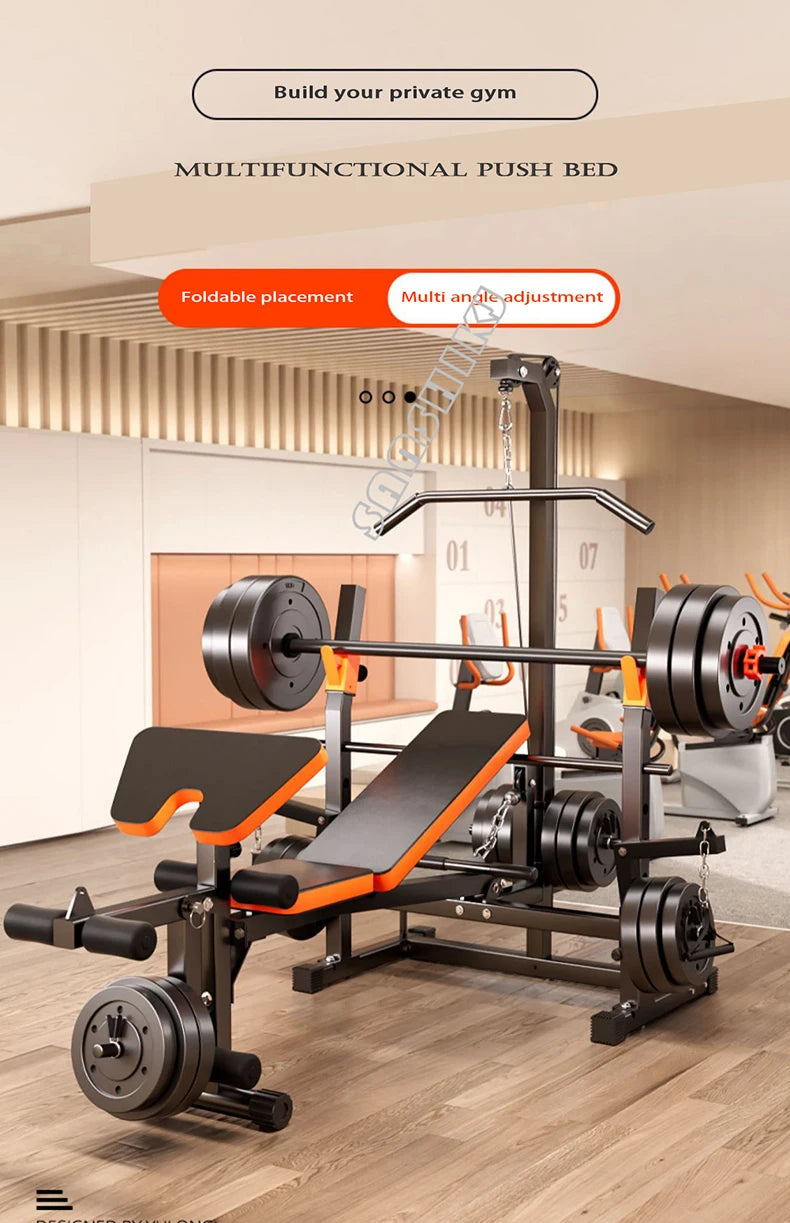 10-in-1 Multifunctional Home Gym Weight Bench Set with Squat Rack Lat Pulldown Preacher Curl Bench Press Station
