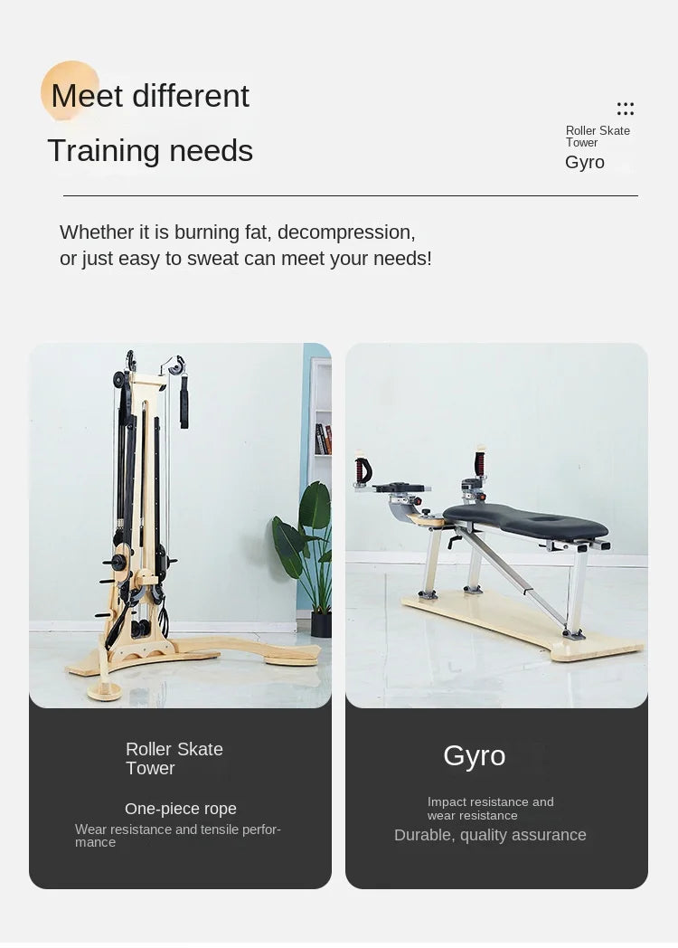 Professional Pilates Reformer Machine with Tower, Wooden Gyrotonic Trainer for Core Strength & Flexibility Training